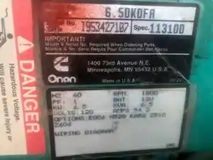Used 1995 onan 6.5KW Genset (Stock #111322-6)) Part Image