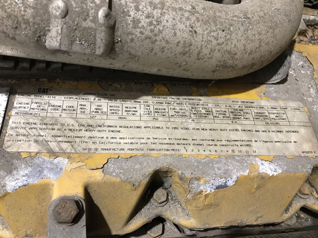 Image 2 of part Used 1992 Caterpillar 3116 Engine Assy